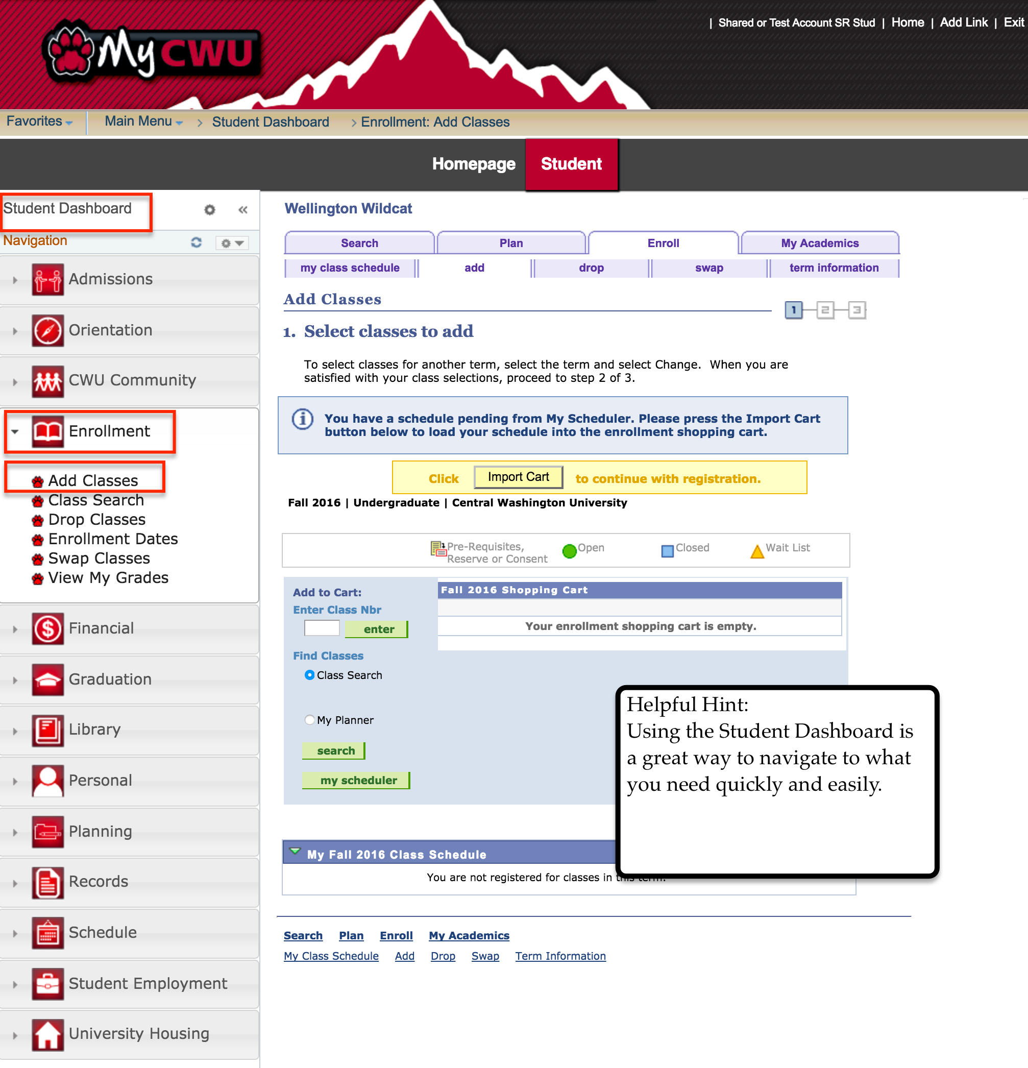 Screenshot of student dashboard