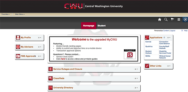 Screenshot MyCWU Homepage student tabs