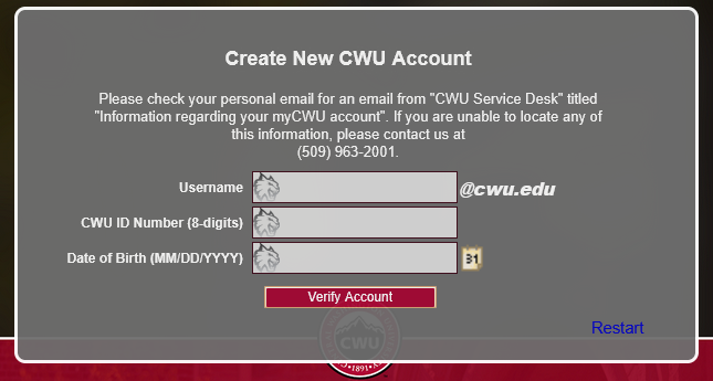 CWU Account Management Create New Account Screen