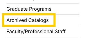 CWU Online Catalog Archived Catalog Tab