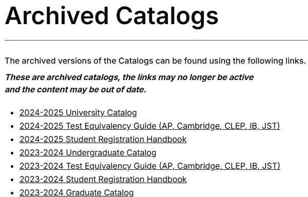 CWU Online Catalog Archived Catalog page